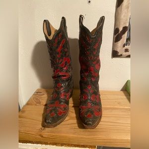 Black and red corral boots
